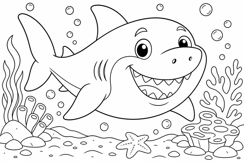 Un alegre tiburón de dibujos animados con una gran sonrisa amigable y un cuerpo redondeado y regordete