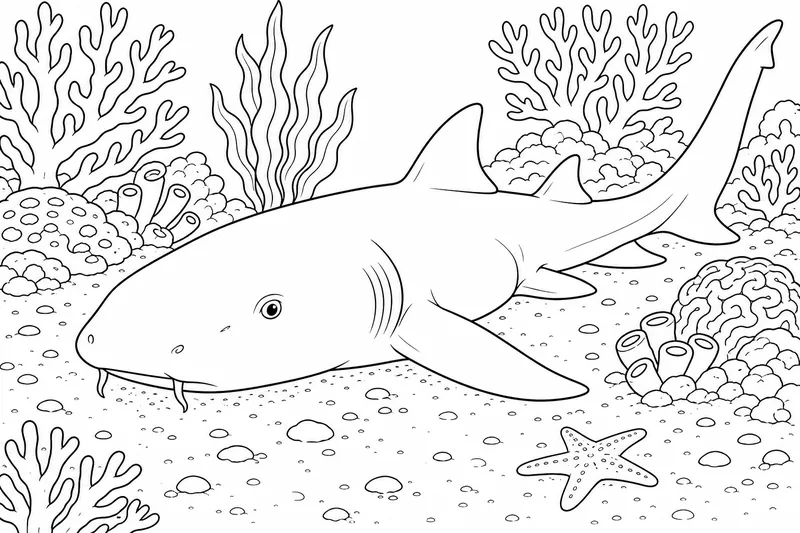 A nurse shark resting on the sandy seabed with two small whiskery barbels beside its mouth