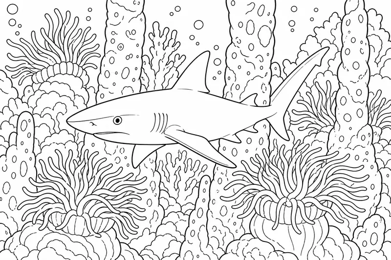 A small reef shark weaving between tall coral columns and swaying sea anemones
