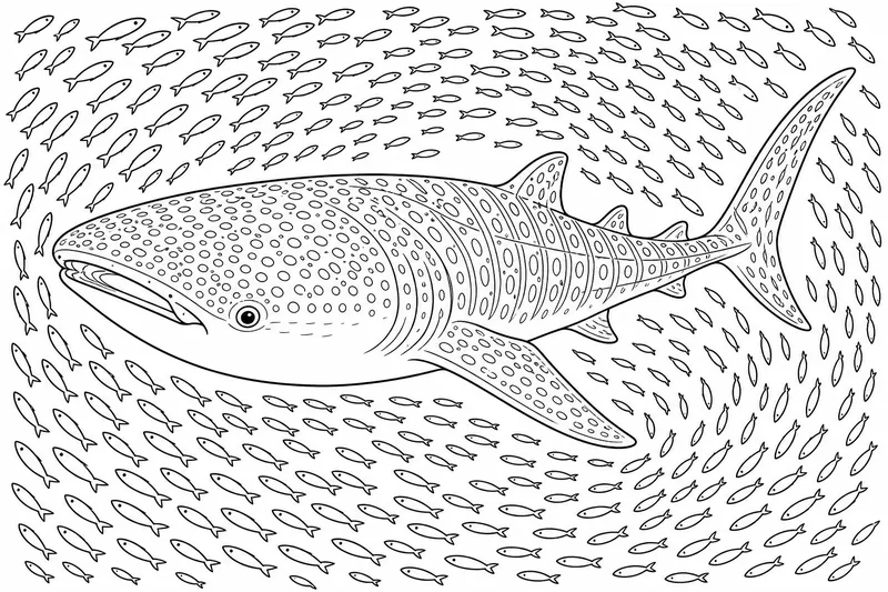 Un requin baleine entouré d'un banc de petits poissons en tourbillon qui montre à quel point il est énorme