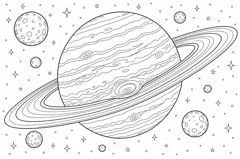 A ringed gas giant seen up close, its rings full of icy chunks, several small moons around it