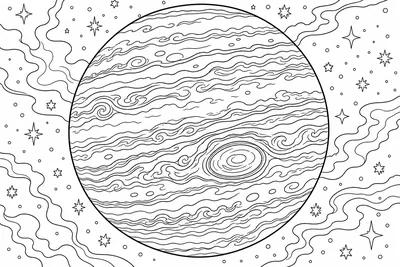 Jupiter with thick swirling cloud bands and one large round storm spot