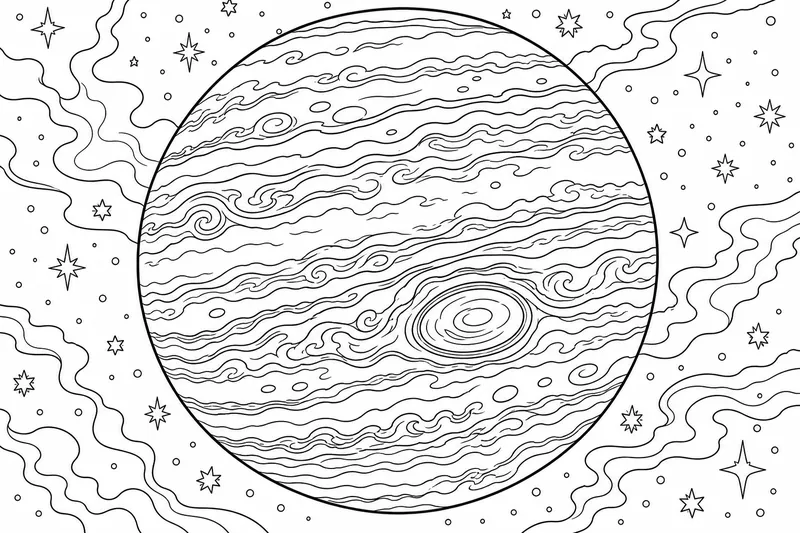 Jupiter with thick swirling cloud bands and one large round storm spot