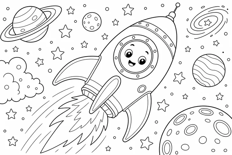 A round friendly cartoon rocket with a big porthole window and swept-back fins