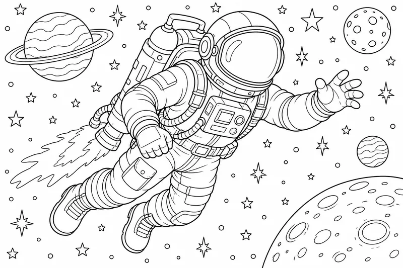 An astronaut with a jetpack drifting among stars, bulky suit with clear seams and hoses