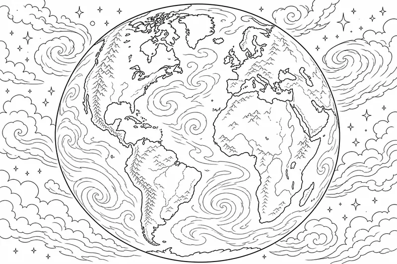 Planet Earth showing continents, swirling clouds, and a rugged coastline, thick clear outlines