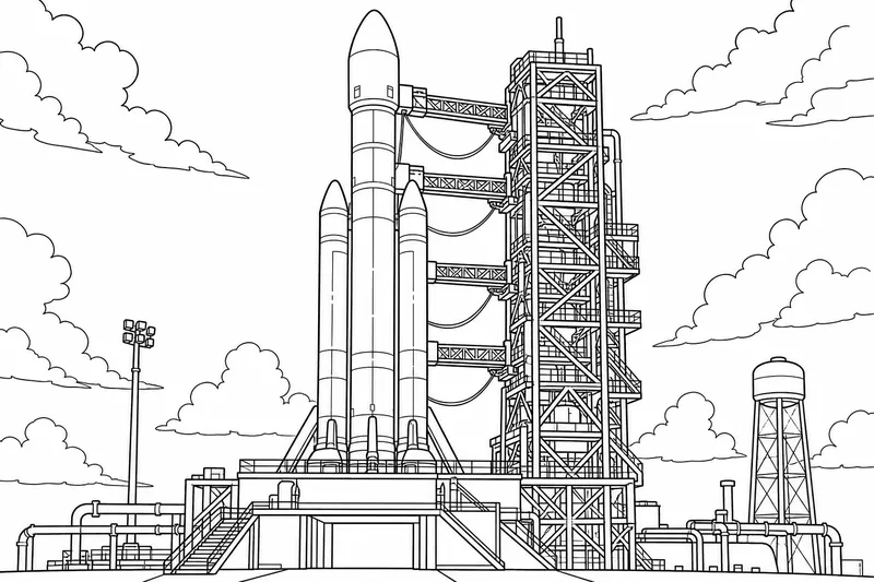 A rocket standing upright on a launch pad with a tall service tower beside it