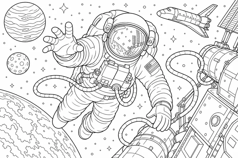 An astronaut floating on a spacewalk with tether lines trailing and a reflective helmet visor
