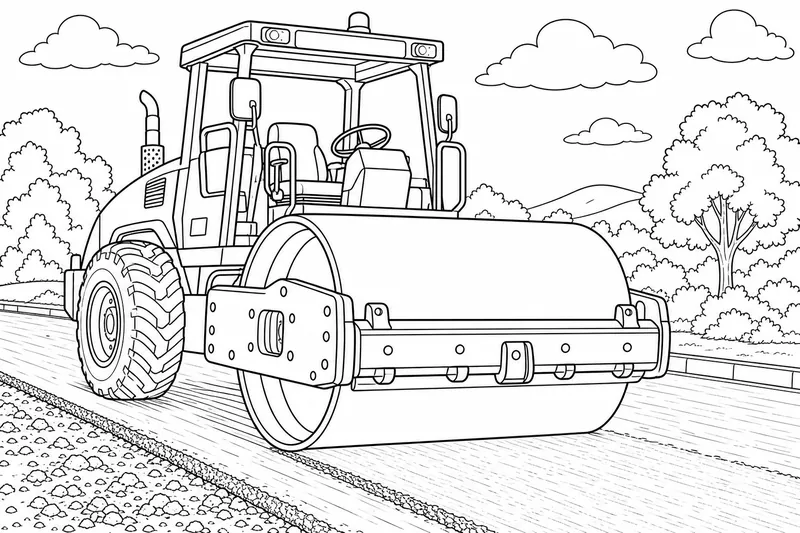 A heavy road roller with one huge smooth steel drum flattening fresh asphalt on a new road