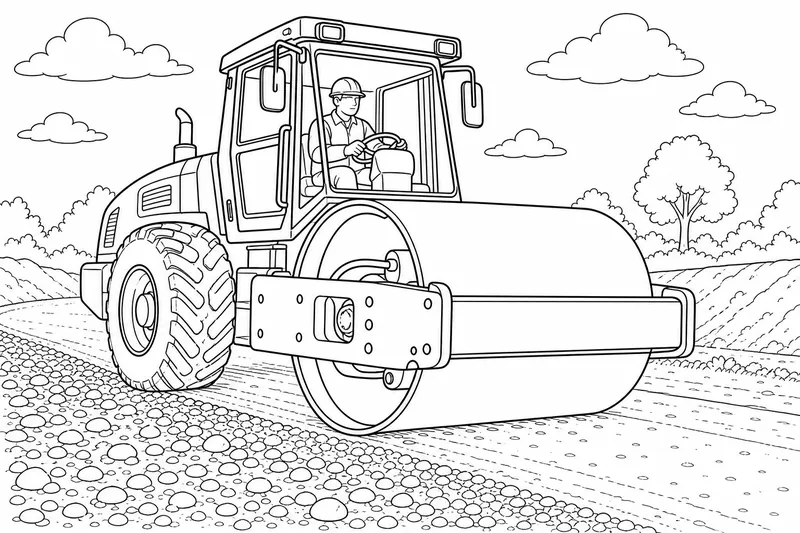 Un rodillo compactador presionando grava, tambor delantero grande y cabina del operador, alisando la superficie