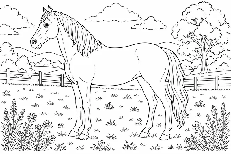 a horse standing in a meadow, side view, full body