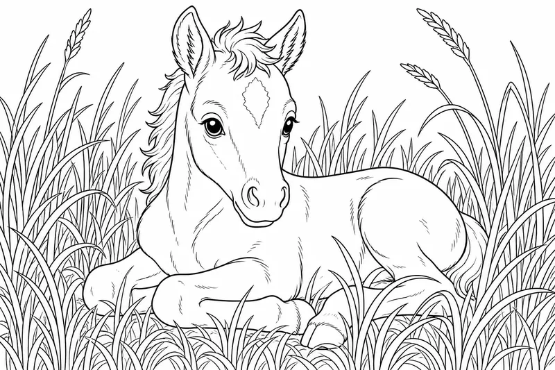 a baby foal lying down resting in tall grass