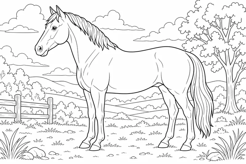 a strong horse standing still, full body profile view, calm expression