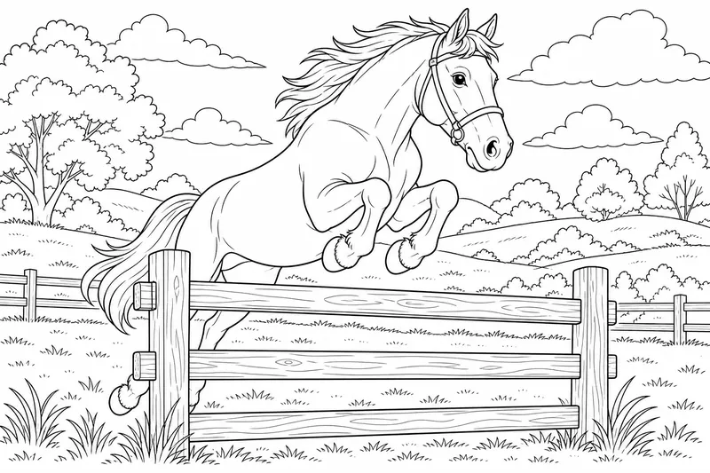 a horse jumping over a wooden fence in an open field