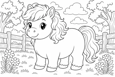 a chubby round pony with a fluffy thick mane, short legs, standing
