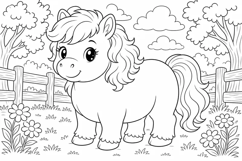 a chubby round pony with a fluffy thick mane, short legs, standing