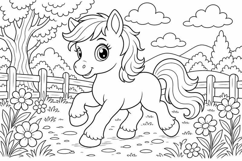 a small friendly pony trotting, big eyes, stubby legs