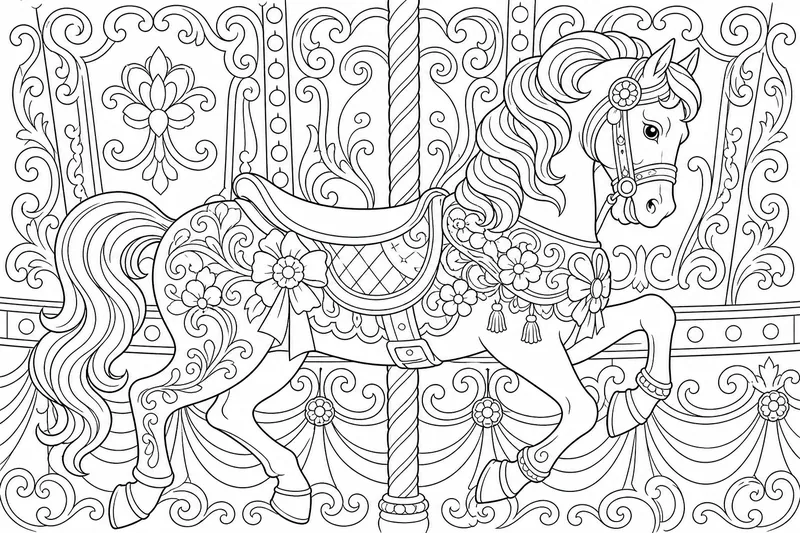a carousel horse decorated with swirls, flowers, and ribbons