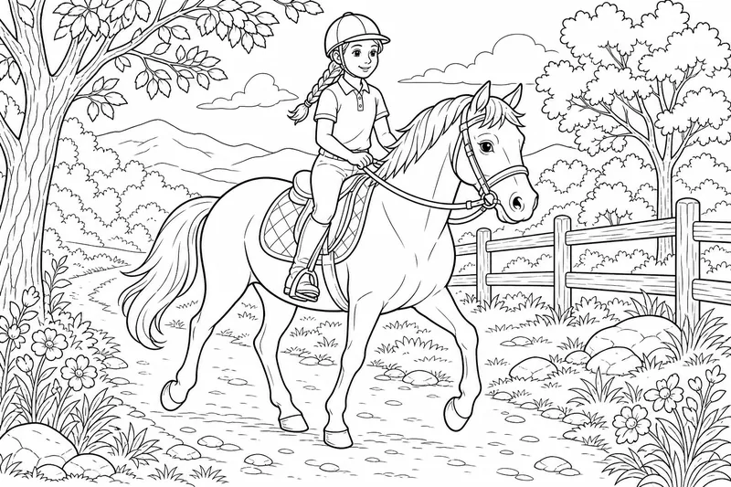 a horse and a young rider trotting along a trail