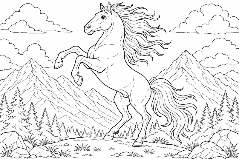a rearing horse up on its hind legs, mane and tail flying