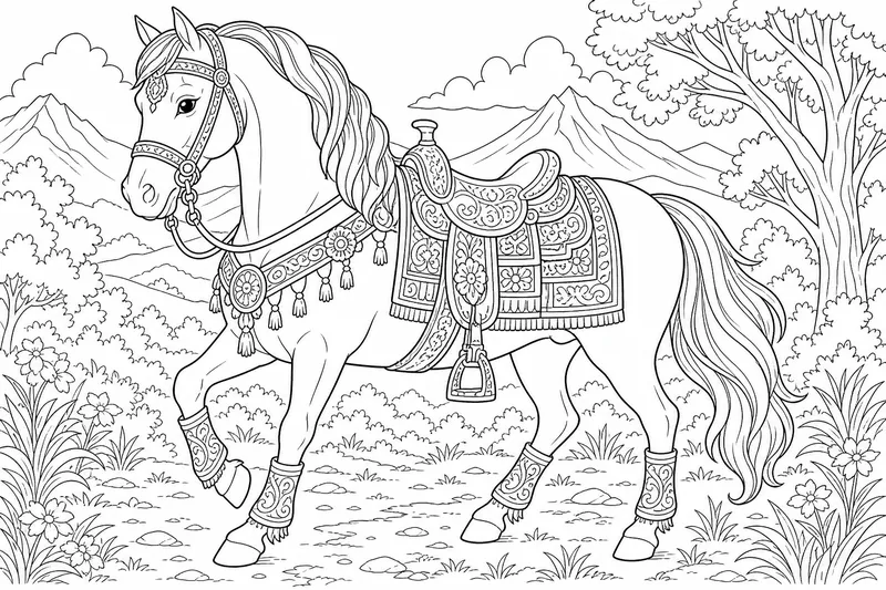 a horse wearing a decorative bridle and an ornate saddle