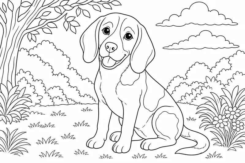A beagle sitting with long floppy ears and a smooth short coat, patches across its back, friendly expression