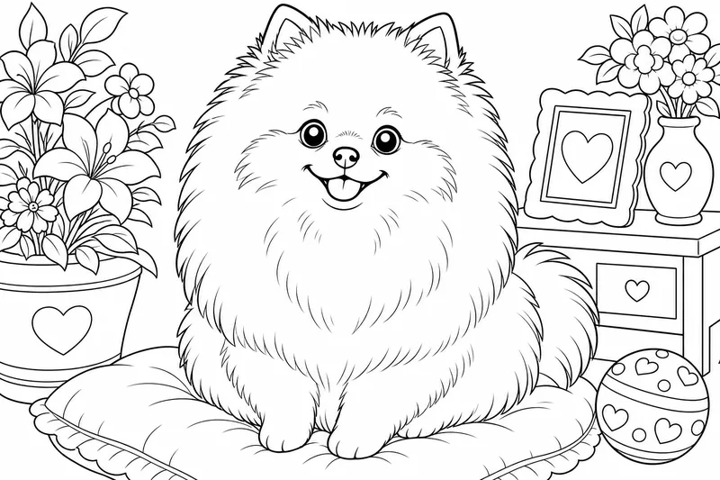 A fluffy Pomeranian with a big round coat and tiny pointed ears, sitting upright