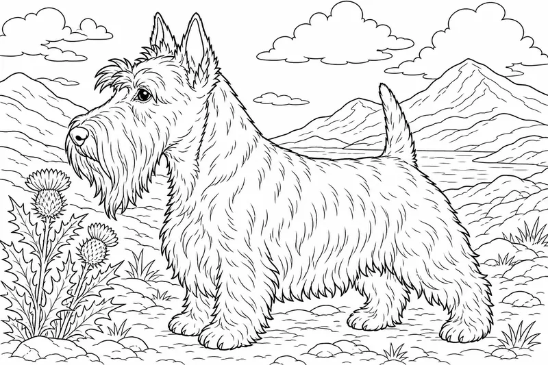 A Scottish terrier in profile with a wiry coat and a long beard