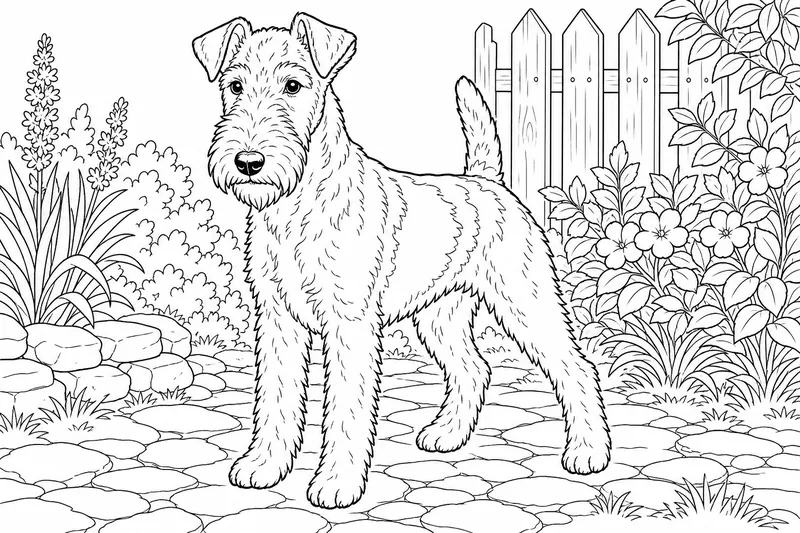 A wire fox terrier standing alert with a scruffy rough coat and folded ears