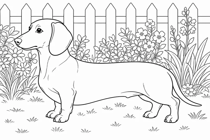 A dachshund standing in profile, long low body on short legs, smooth short coat
