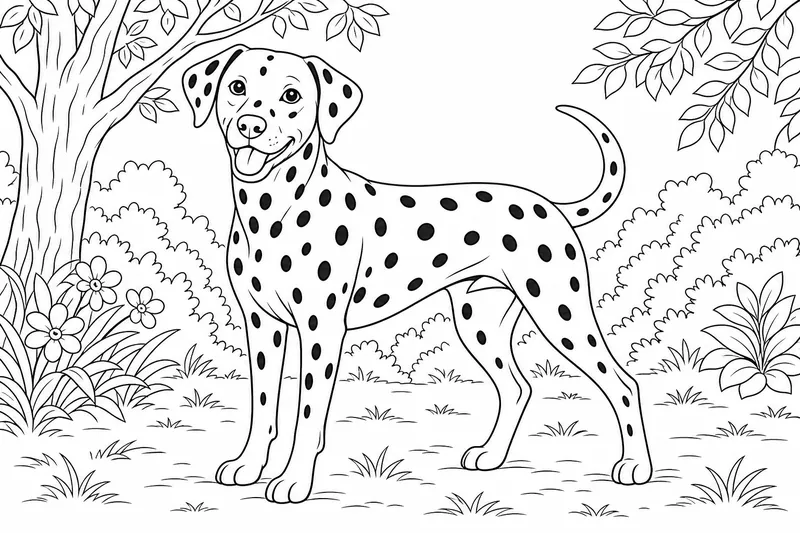 A Dalmatian standing with round spots across a short smooth coat