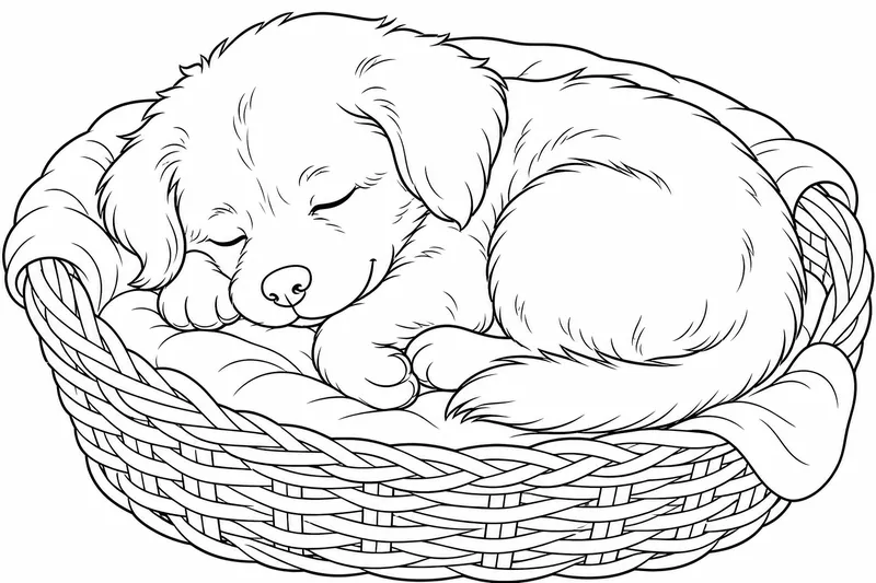 A round soft puppy curled up asleep in a small basket