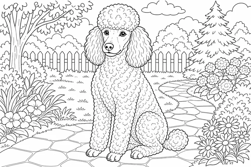 A standard poodle sitting with tight curly fur and a rounded topknot