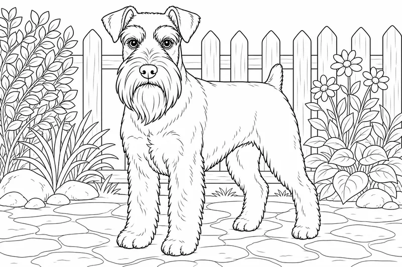 A schnauzer standing square with a wiry beard and bushy eyebrows