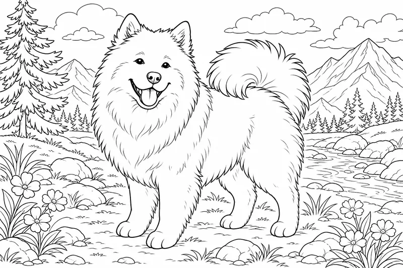 A Samoyed dog smiling with a thick fluffy coat and a curled tail