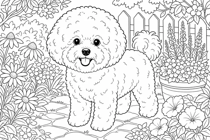 A Bichon Frise with a round cloud of curly fur and dark round eyes