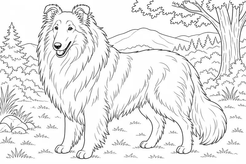 A rough collie standing with a long flowing mane of fur around the neck