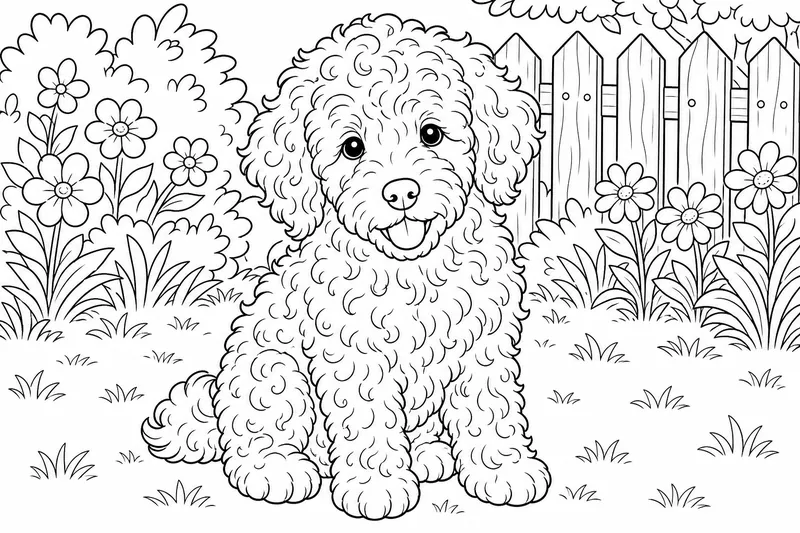 A curly doodle puppy sitting with soft loose curls all over its body