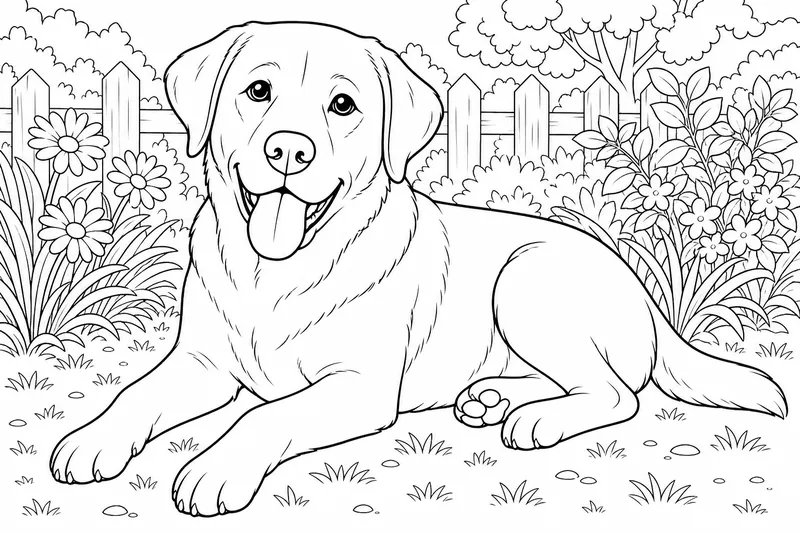 A Labrador retriever lying down with a sleek short coat and a broad friendly head, tongue out