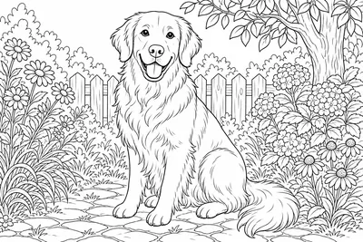 A golden retriever sitting with long feathered fur on its chest and tail, soft floppy ears