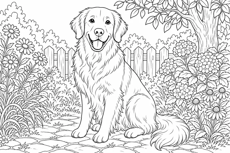 A golden retriever sitting with long feathered fur on its chest and tail, soft floppy ears