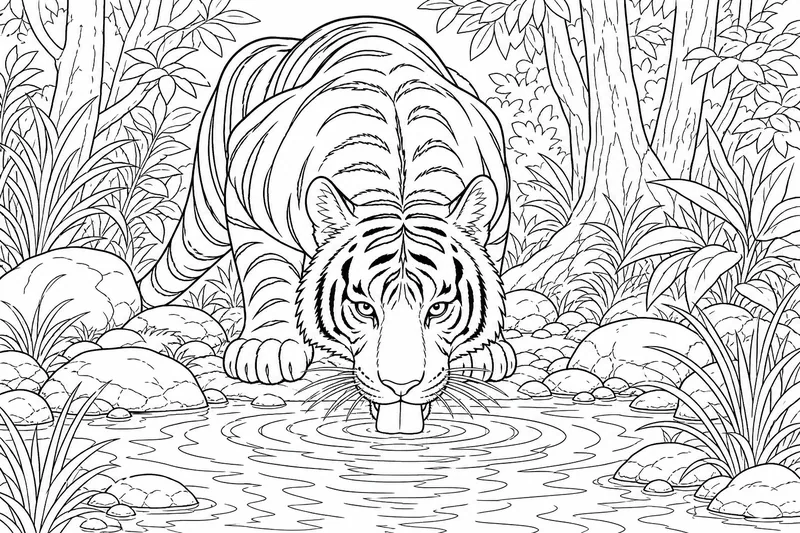 Ein Tiger, der am Rand eines Waldtümpels trinkt, den Kopf gesenkt, Streifen, die über die Schultern und Vorderbeine verlaufen