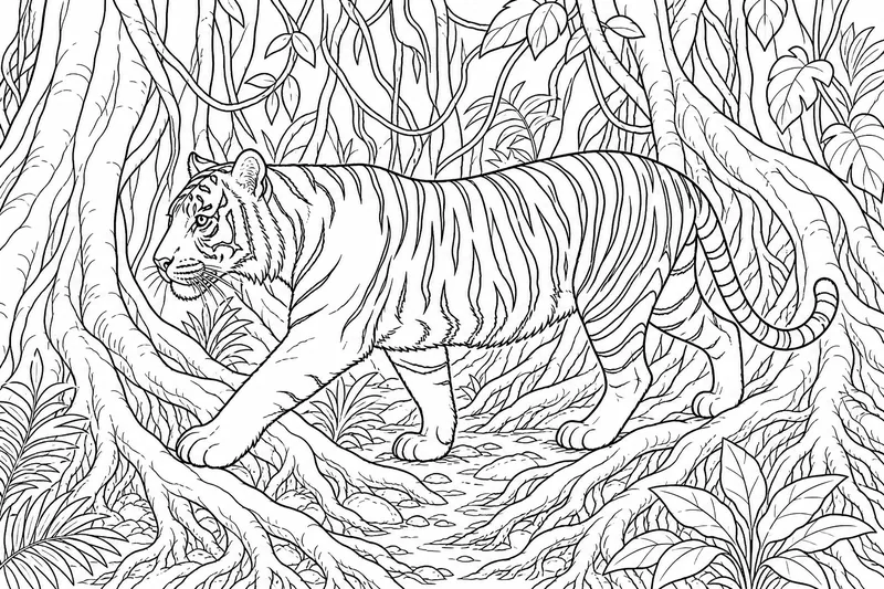 Ein Sumatra-Tiger, der zwischen Dschungelwurzeln schreitet, Seitenansicht, eng beieinander liegende schmale Streifen