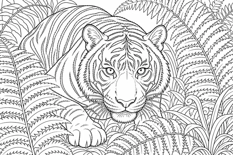 Ein Sumatra-Tiger, der tief im Farn kauert, schmale dichte Streifen, kleiner kompakter Körper, langer Backenbart
