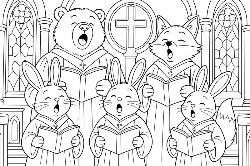A choir of animals singing together in a church, a bear, a fox and three rabbits standing in rows with mouths open