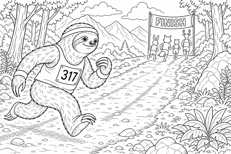 Un perezoso corriendo en una carrera con un dorsal numerado, otros corredores muy por delante en la distancia