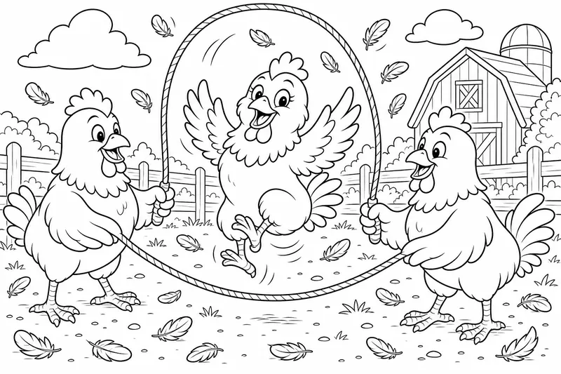 Un poulet sautant à la corde pendant que deux autres poulets tournent la corde, des plumes volant partout