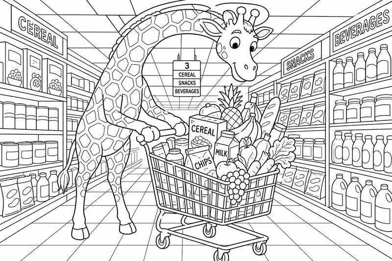 A giraffe pushing a shopping trolley down a supermarket aisle, neck bent under the ceiling, groceries piled high