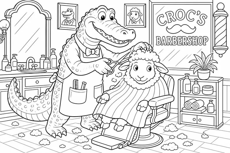 A crocodile working as a barber, snipping a sheep's wool with scissors in a barbershop chair