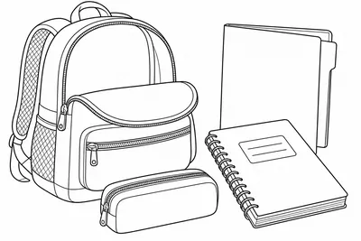An open backpack with a pencil case, a notebook, and a folder arranged neatly beside it